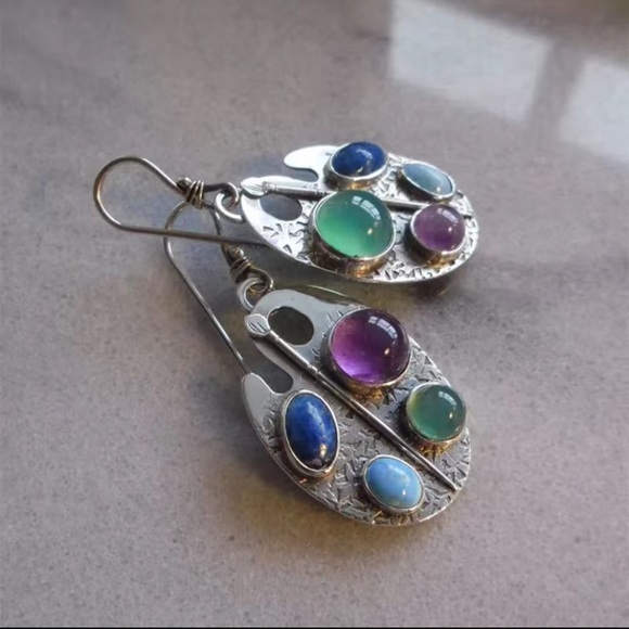 925 Sterling Silver Plated Antique Multicolor Hand Carved Pattern Earrings - Picture 5 of 8